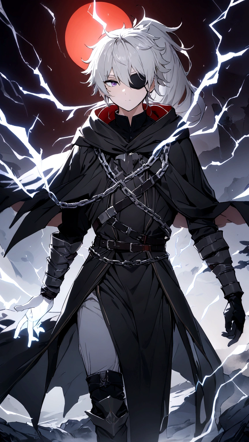 Anime character. A man, he was medieval. 27 years old, large body, cold gaze, cold expression, white skin, short and messy gray hair, ponytail, left eye patch, black clothes, black shirt, dark cape with hood, several chains. frontal camera. Walking under the red moonlight. White electricity emanating from his body, black electricity emanating from his left hand. Iris of the right eye glowing white. Thunderous white lightning. (best quality, 4k, 8k, high resolution, masterpiece: 1.2)