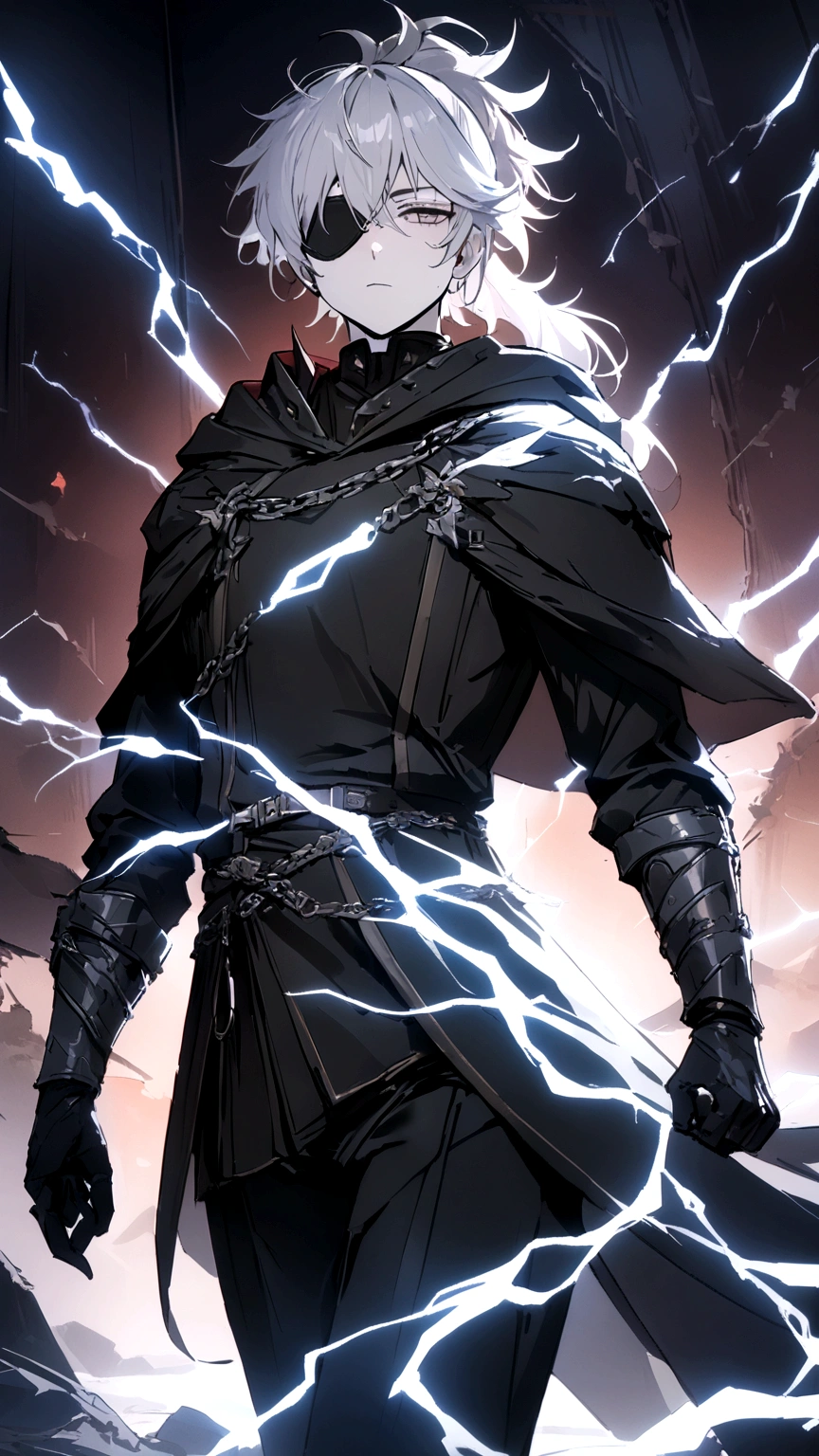 Anime character. A man, he was medieval. 27 years old, large body, cold gaze, cold expression, white skin, short and messy gray hair, ponytail, left eye patch, black clothes, black shirt, dark cape with hood, several chains. frontal camera. Walking under the red moonlight. White electricity emanating from his body, black electricity emanating from his left hand. Iris of the right eye glowing white. Thunderous white lightning. (best quality, 4k, 8k, high resolution, masterpiece: 1.2)