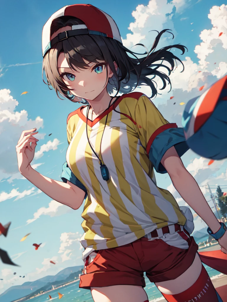 highest quality, High resolution, detailed face, dynamic pose, hair flow, (whole body:1.1), subaru_sports, striped shirt, white shorts, baseball cap, whistle, red legwear, white legwear, mismatched legwear