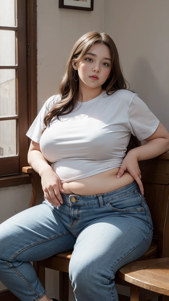 Femme très grosse, assise dans des coussins, Makima, bbwchan, cheveux rouges et yeux jaunes, double menton. Son gros bide sort de son pantalon, elle le carresse avec ses mains. Button pop. Ventre en boule sous le jean. Elle porte un short en jean trop petit et un haut en dentelle, belle lumière sur elle, magnifique femme obese