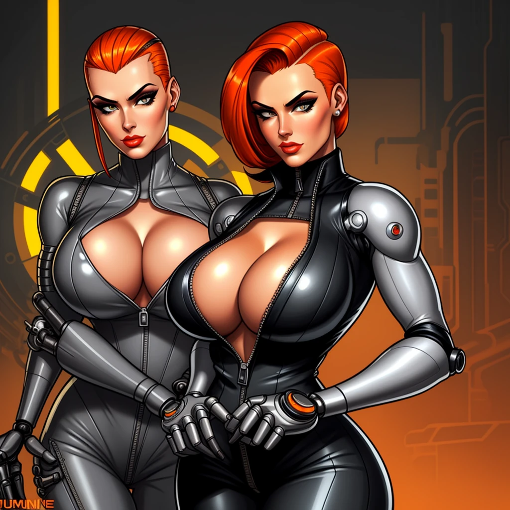 Femme Fatale, gorgeous mechanic, atompunk, blank background, retro-futurism, mechanical hand, cybernetic augments, unzipped orange jumpsuit, gunmetal grey, cleavage, half shaved head, ginger hair, extra arm