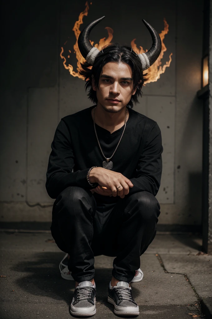 black clothes, hands with white flames, head with horns, gray shoes, black trousers with a necklace