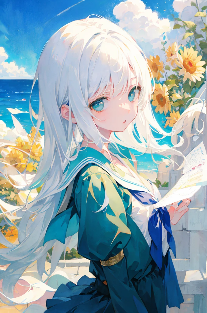 masterpiece, best quality, illustration, watercolor, flat color, blue sky, 1girl, close-up, straight-on, looking at viewer, detailed medium white hair, green eyes, serafuku, parted lips