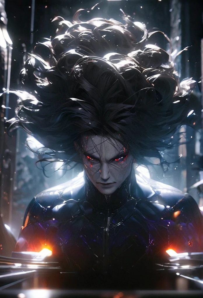 (solo), masculine, black hair, messy hair, mane hair, long hair, dense hair, wild hair, expressive hair, mature,(25 year old), pale skin, red eyes, ((man)), wearing a black robe, black demon horns,, serious, handsome, attractive, eye reflection, depth of field, thunder aura,cinematic lighting, ray tracing, depth of field, cinematic lighting, ray tracing, UHD, high details, best quality, highres, high quality, award winning, super detail, masterpiece, 8k, UHD, high details, best quality, highres, high quality, award winning, super detail, masterpiece, 8k, digital art, anime coloring, full body, body shot, good face, perfect face, detailed face, good eyes, sitting on a throne