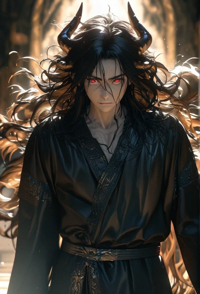 (solo), masculine, black hair, messy hair, mane hair, long hair, dense hair, wild hair, expressive hair, mature,(25 year old), pale skin, red eyes, ((man)), wearing a black robe, black demon horns,, serious, handsome, attractive, eye reflection, depth of field, thunder aura,cinematic lighting, ray tracing, depth of field, cinematic lighting, ray tracing, UHD, high details, best quality, highres, high quality, award winning, super detail, masterpiece, 8k, UHD, high details, best quality, highres, high quality, award winning, super detail, masterpiece, 8k, digital art, anime coloring, full body, body shot, good face, perfect face, detailed face, good eyes, sitting on a throne
