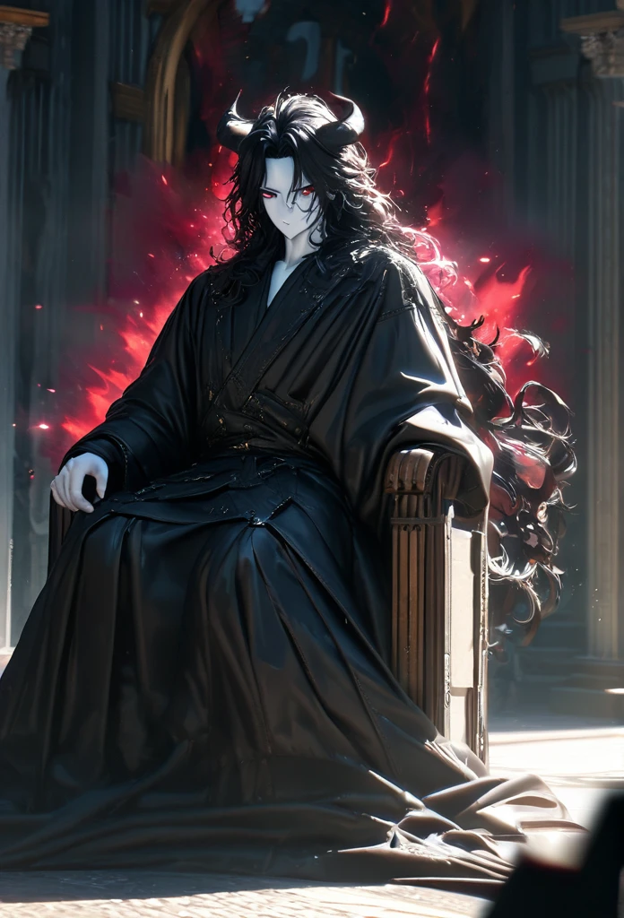 (solo), masculine, black hair, messy hair, mane hair, long hair, dense hair, wild hair, expressive hair, mature,(25 year old), pale skin, red eyes, ((man)), wearing a black robe, black demon horns,, serious, handsome, attractive, eye reflection, depth of field, thunder aura,cinematic lighting, ray tracing, depth of field, cinematic lighting, ray tracing, UHD, high details, best quality, highres, high quality, award winning, super detail, masterpiece, 8k, UHD, high details, best quality, highres, high quality, award winning, super detail, masterpiece, 8k, digital art, anime coloring, full body, body shot, good face, perfect face, detailed face, good eyes, sitting on a throne