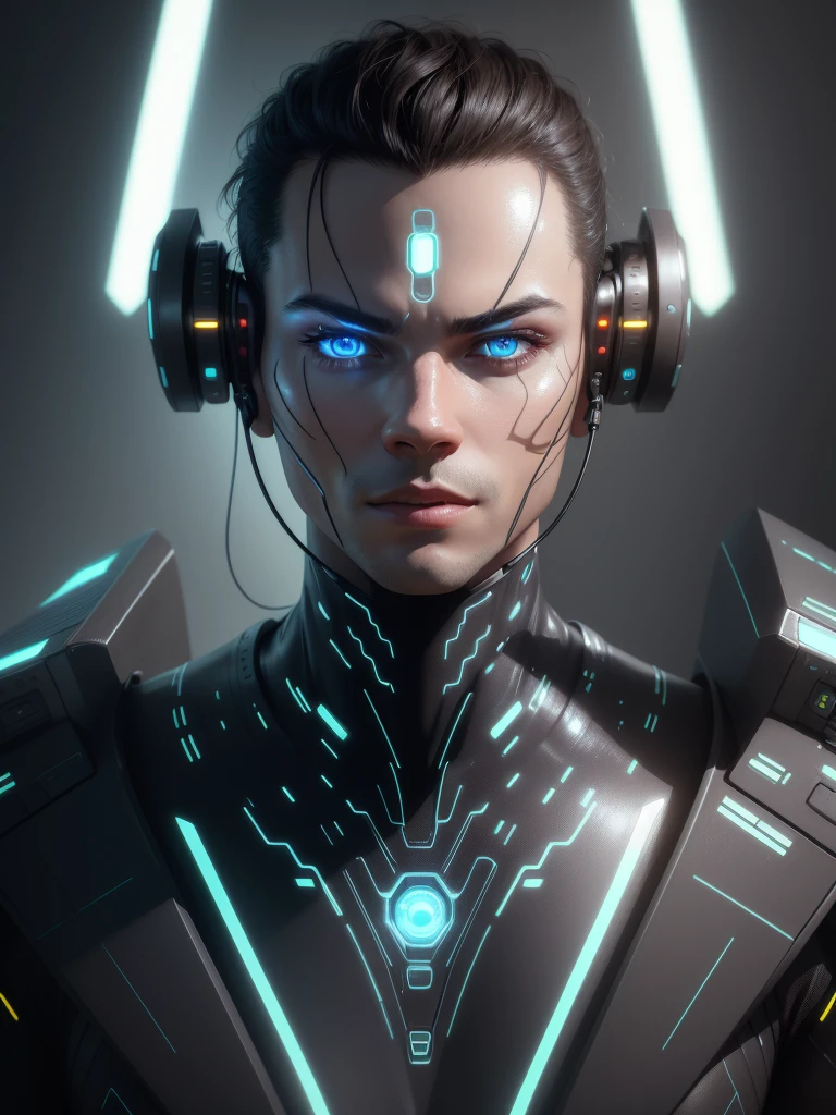 Close-up face, 1 man,male,solo, detailed portrait of a futuristic human, realistic cyborg android, highly advanced technology, glowing circuitry, bionic implants, luminous eyes, metallic skin, intricate machinery, sleek robotic design, cinematic lighting, digital energy field, complex engineered details, photorealistic 8k, concept art style