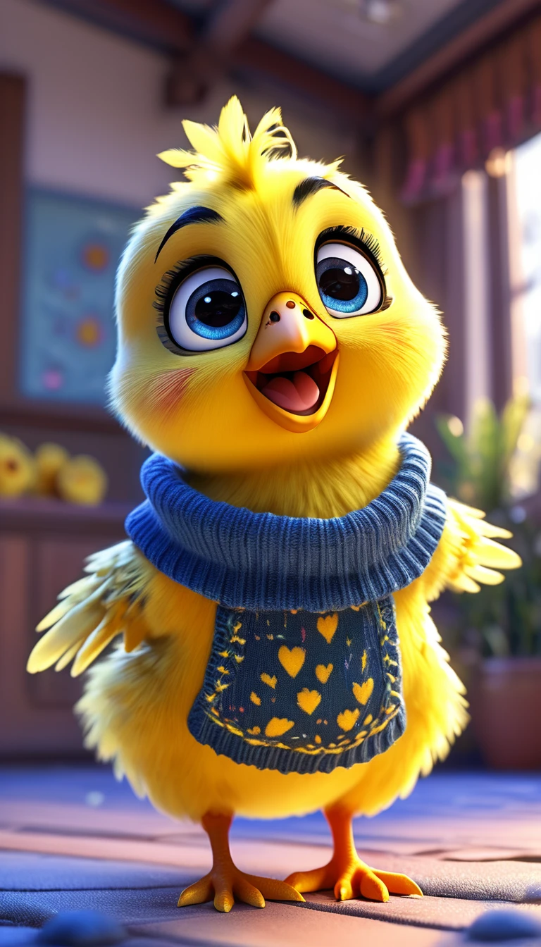 cute yellow chick, cartoon,arms, hands ,cute eyes, looking at viewer, arms up, effects background, particles, random, white background, blue eyes, sweater