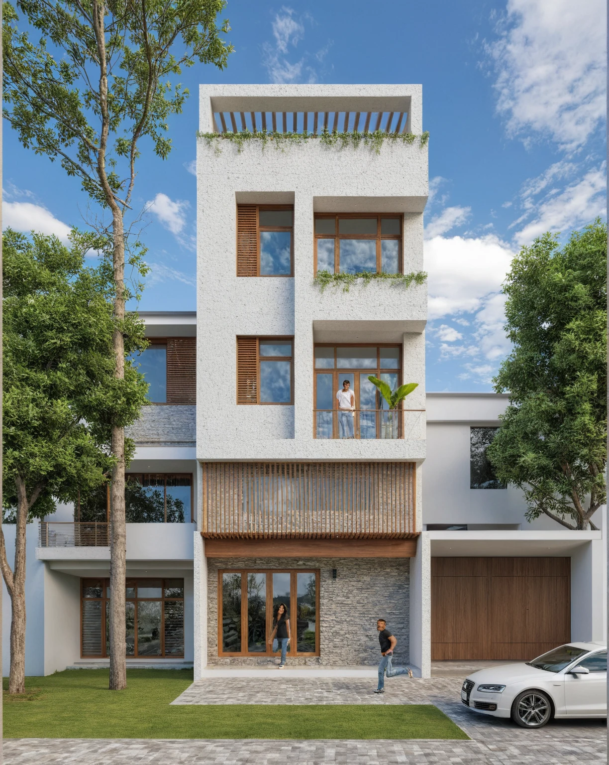 Masterpiece, high quality, best quality, authentic, super detail, outdoors, onestoreyvillaXL, aiai, aiaigroup, wall stone, house style modern on the street ,stairs, white wall ,road,pavement, grass, trees, sky, cloud, (daylight:1.1)