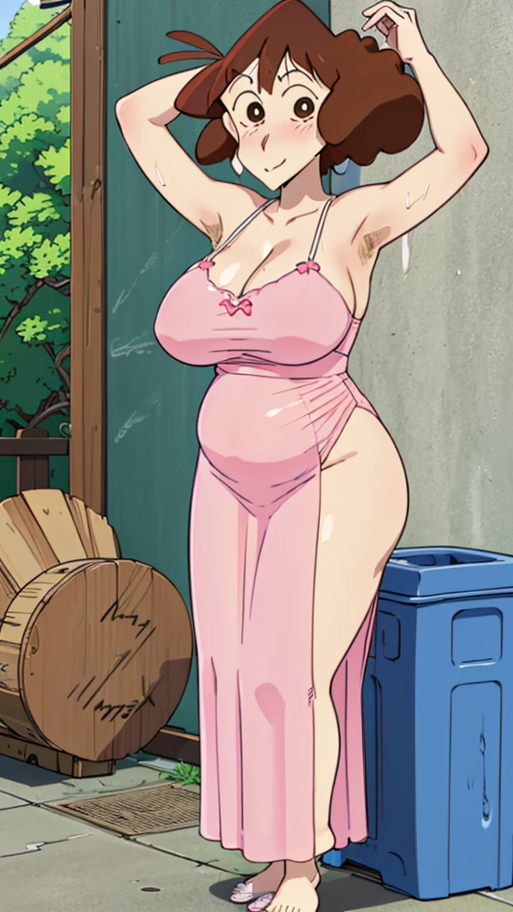 Misae Nohara, (Auntie:1.5), (Mature Woman:1.5), (absurderes, 8K, 4K, masutepiece, hyper extreme detailed:1.2), Best Quality, Perfect Anatomy,Perfect face,High humidity, (Huge breasts:1.7), (A sheer pink nightgown:1.4), (Wet:1.2), (.Alley:1.3), Graffitied wall, Garbage can, Scattered trash, (alone:1.5), (Brown eyes:1.2), (Clothing is revealing:1.2), Exposed shoulders, Torn clothes, Are pregnant, Firm breasts, Upturned nipples, Showing cleavage, Mole on chest, (Thick armpit hair:1.4), (blush:1.2), A kind smile, relief, peace of mind, (maternal:1.3), (Gentle look:1.5), Smiling face, (Outdoor:1.5), (Out:1.3), half closed eyes, naughty face