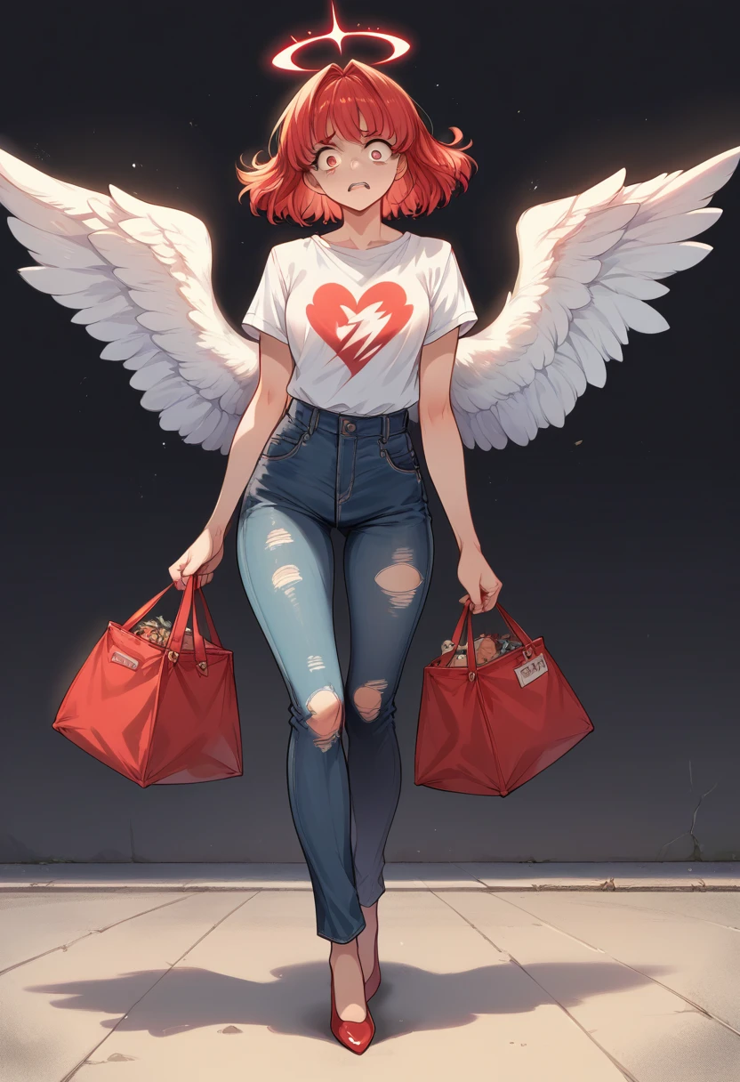dark atmosphere devil photo realism anime style Yusuke murata art with a big wolf at his side Goddess phoenix girl chunli + Sakura with big bright red angel wings and broad shoulders with wavy cropped hair v cut dress v cuts ripped jeans wearing high heels walking on a dark gloomy street scared style photo realism, fully detailed drawing in black and monochrome bench and only the eyes in strong red