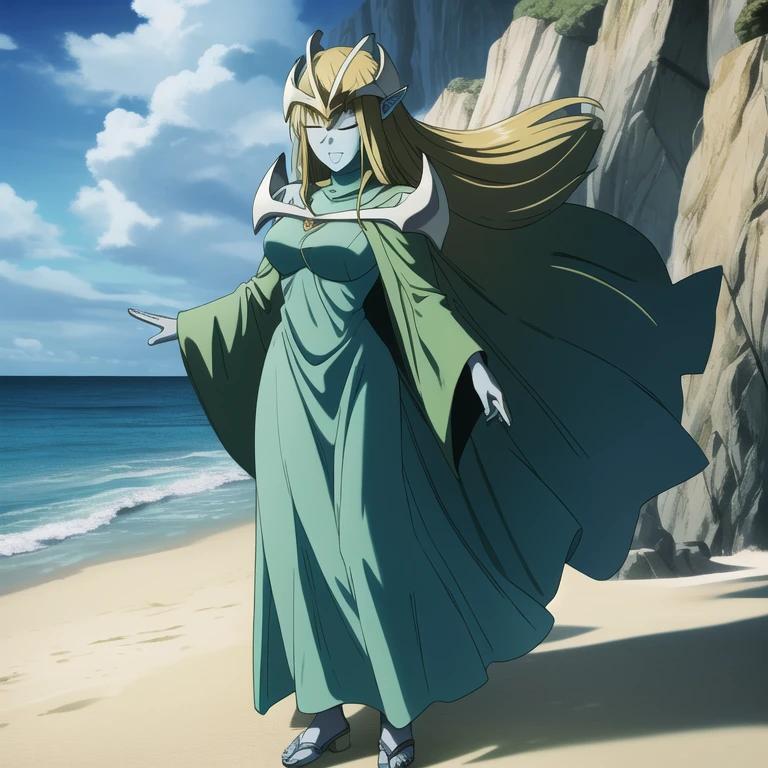 mysticalygo, mystical elf, smile, friendly look, medium breasts, eyes closed, green dress, long skirt, full body view, cape large sleeves, blue skin, blonde hair, long hair, Yugioh, standing, beach