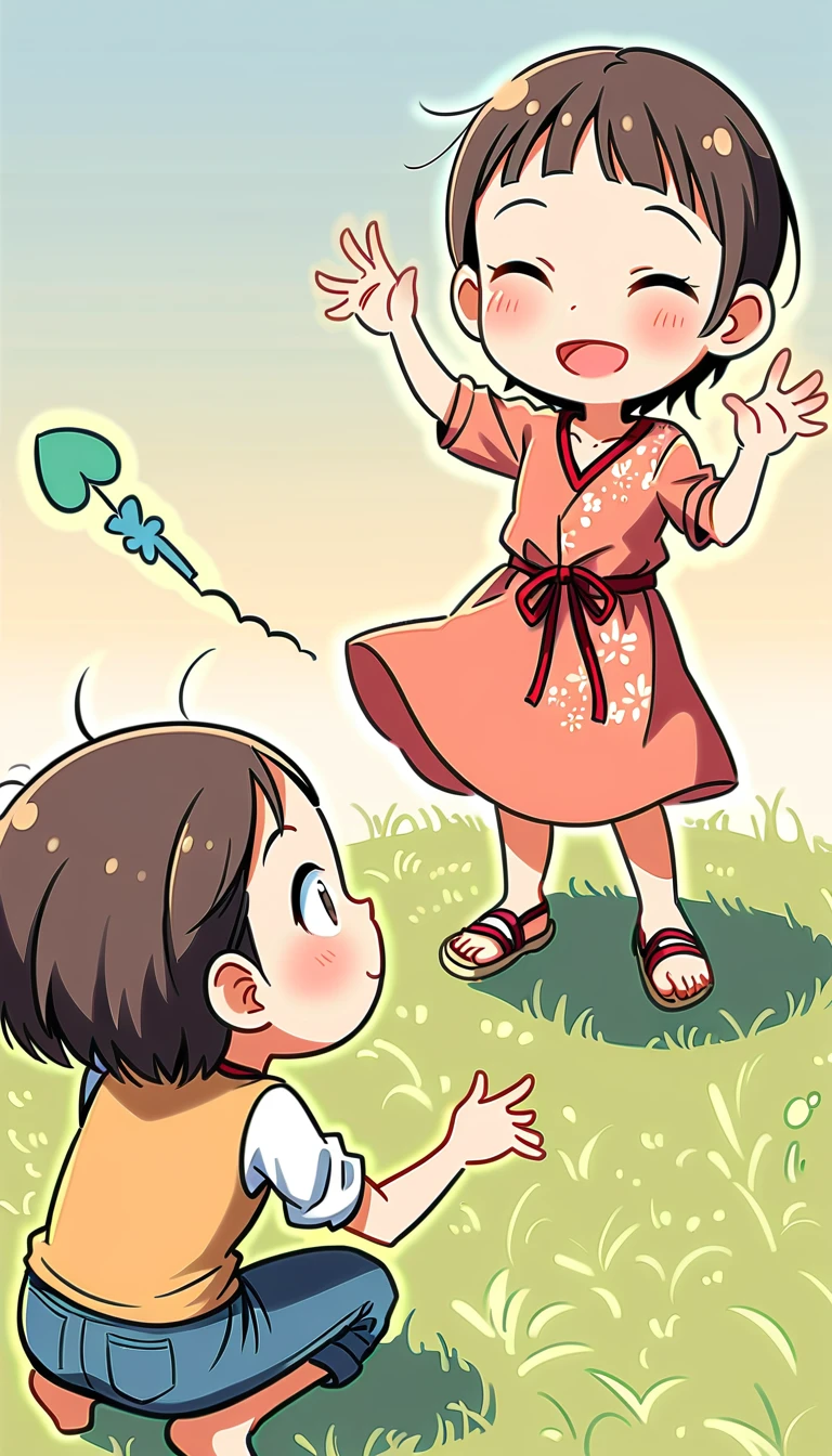 Create an image of 2 ren playing. They are playing on a rice field ridge under a clear and cheerful sky. They are playing rock-paper-scissors to determine the winner. The childre wearing simple and cheerful clothing traditional balinese.