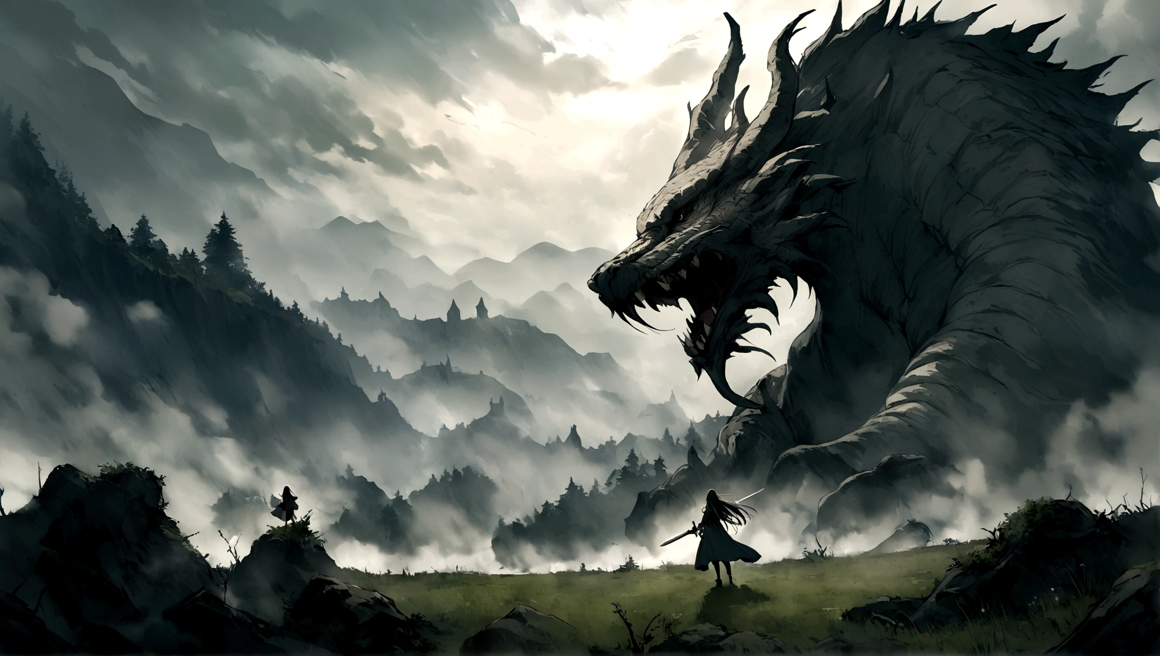 Girl fighting Elden Ring Boss. Girl has a sword. The boss is like a dragon and very big. Landscape