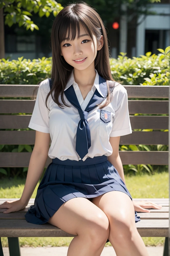 Pure Japanese school girl, sexual attractive, outstanding body, beautiful legs, wearing loose uniform, panty, sweet smile, sitting on bench, refreshing in early summer morning, composition from the front,