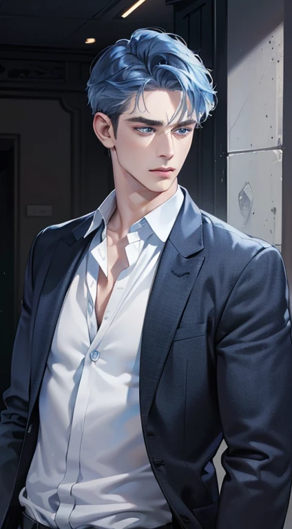 (best quality, masterpiece, 8K, photorealistic, cinematic lighting, 1:4 hdr image, ultra detailed, beautiful image), a mature man, 34 years very handsome, ((cold expression)), short blue hair, blue eyes, face perfect without mistakes, ((buttoning his jacket, CEO))
