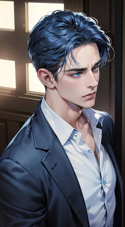 (best quality, masterpiece, 8K, photorealistic, cinematic lighting, 1:4 hdr image, ultra detailed, beautiful image), a mature man, 34 years very handsome, ((cold expression)), short blue hair, blue eyes, face perfect without mistakes, ((buttoning his jacket, CEO))