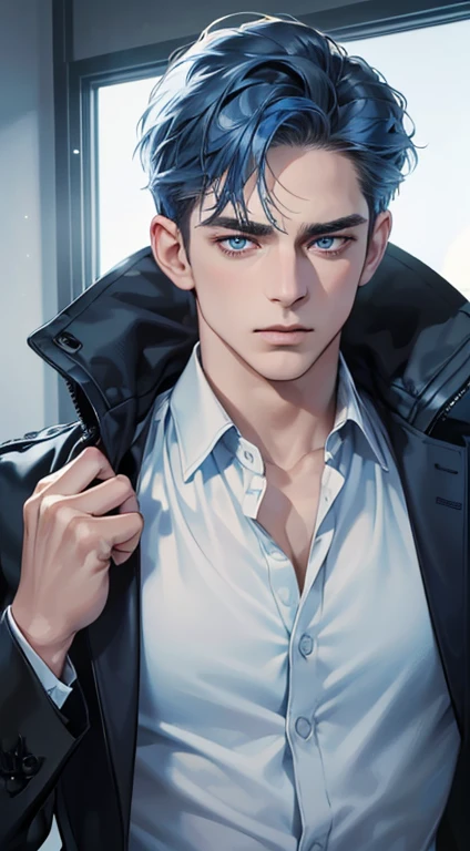 (best quality, masterpiece, 8K, photorealistic, cinematic lighting, 1:4 hdr image, ultra detailed, beautiful image), a mature man, 34 years very handsome, ((cold expression)), short blue hair, blue eyes, face perfect without mistakes, ((buttoning his jacket, CEO))