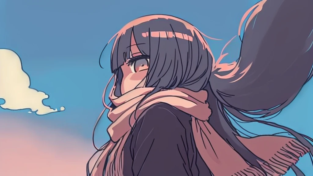 Long hair and scarf、Anime girl looking up to the sky, Lo-fi Girl, anime visual of a cute girl, 🍁 cute, extremely cute anime girl face, Anime atmosphere, Anime Aesthetics, flat anime style, cute anime face, In anime style, A profound winter aesthetic, Anime Moe Art Style, Anime Aesthetics, cute anime girl, flat anime style shading