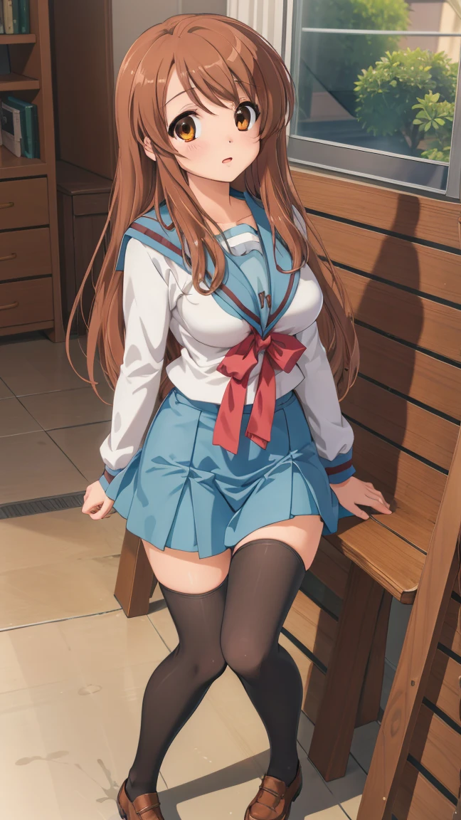 (masterpiece), highest quality, high resolution, illustration, game cg, asahina mikuru, detailed eyes, perfect face, serafuku, pleated miniskirt, thigh highs, school, hallway, sitting, (knees bent:1.2), (pantyshot)