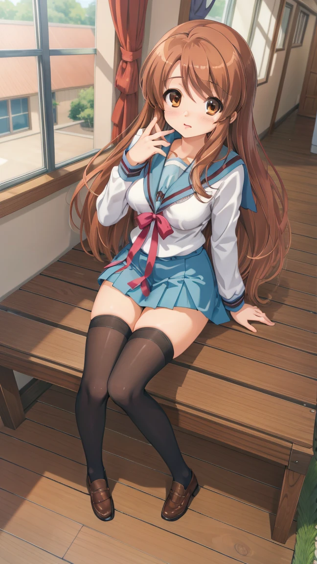 (masterpiece), highest quality, high resolution, illustration, game cg, asahina mikuru, detailed eyes, perfect face, serafuku, pleated miniskirt, thigh highs, school, hallway, sitting, (knees bent:1.2), (pantyshot)