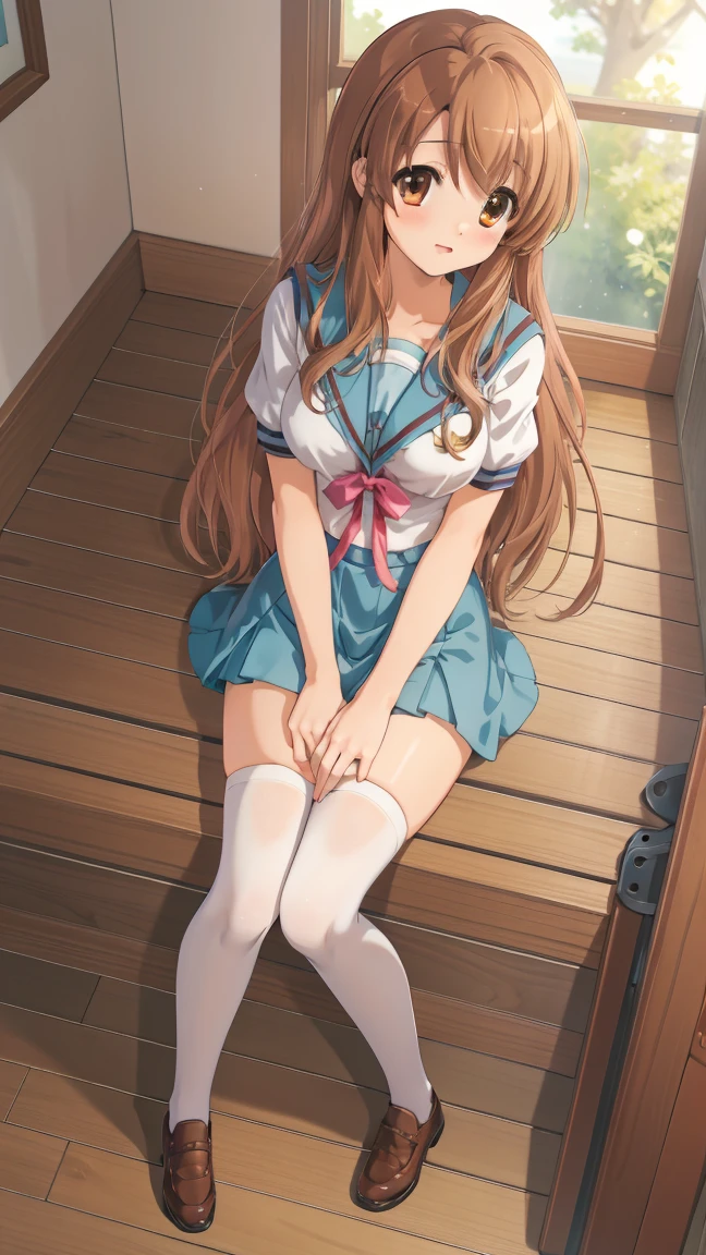 (masterpiece), highest quality, high resolution, illustration, game cg, asahina mikuru, detailed eyes, perfect face, serafuku, pleated miniskirt, thigh highs, school, hallway, sitting, (knees bent:1.2), (pantyshot)