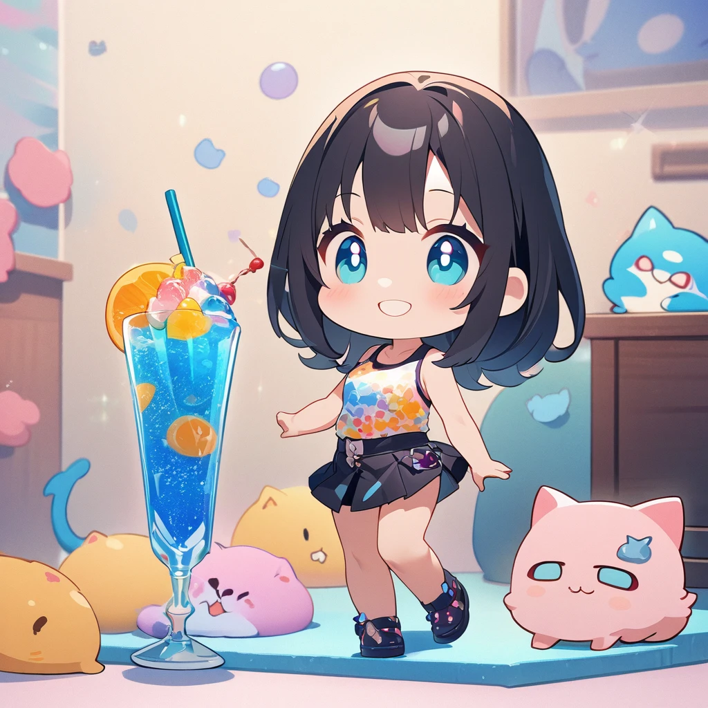 masterpiece、Highest quality、Depth of subject、２D illustration、1 beautiful girl、独奏, (((chibi style)))、Long, beautiful hair、Shiny black hair、cute、Beautifully detailed eyes、((Tank top))、a glass of blue soda, ((colorful))、mini skirt、((happy smile))、((kitten cluster)), ((full body shot))、((in the room))、((There&#39;s a lot of pink around))、Thighs、((vivid color))、sparkle、((Lens flare))、