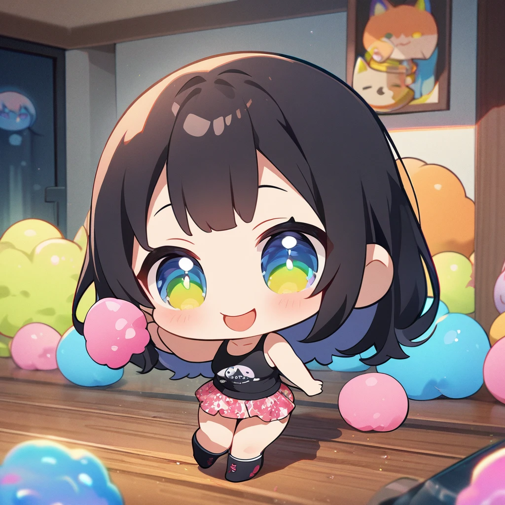 masterpiece、Highest quality、Depth of subject、2D illustration、1 beautiful girl、独奏, (((chibi style)))、Long, beautiful hair、Shiny black hair、cute、Beautifully detailed eyes、((Tank top))、a glass of blue soda, ((colorful))、mini skirt、((happy smile))、((kitten cluster)), ((full body shot))、((in the room))、((There's a lot of pink around))、Thighs、((vivid color))、sparkle、((Lens flare))、