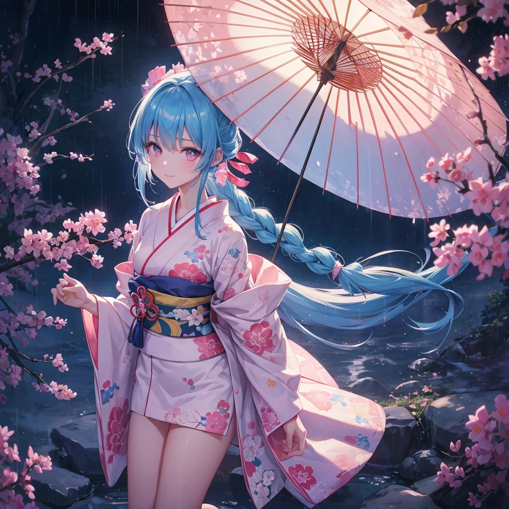 sky Blue hair, (braided ponytail),(pink eyes),fair skin ,(full body),(1 girl),smile,Straight Bangs,(masterpiece, best quality, ultra-detailed, best shadow), (detailed background), (beautiful detailed face), high contrast, (best illumination, an extremely delicate and beautiful), ((cinematic light)), colorful, hyper detail, dramatic light, intricate details,rain shower,kyoto,Japanese Umbrella,kimono,