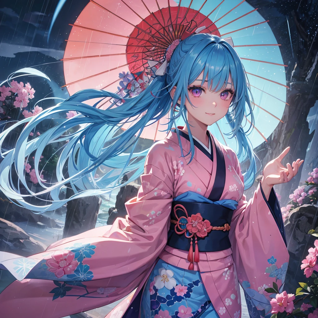 sky Blue hair, (braided ponytail),(pink eyes),fair skin ,(full body),(1 girl),smile,Straight Bangs,(masterpiece, best quality, ultra-detailed, best shadow), (detailed background), (beautiful detailed face), high contrast, (best illumination, an extremely delicate and beautiful), ((cinematic light)), colorful, hyper detail, dramatic light, intricate details,rain shower,kyoto,Japanese Umbrella,kimono,