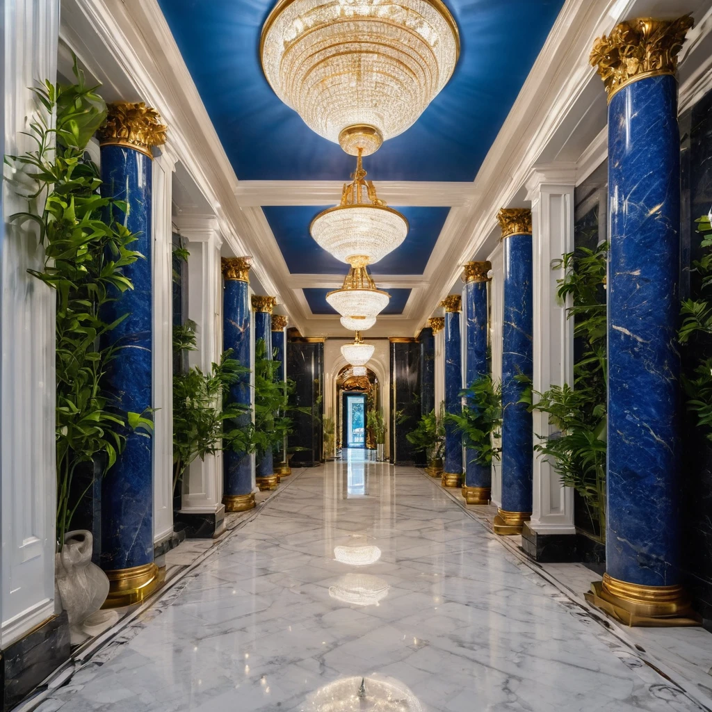 An extremely ornate hallway with well arranged greenery and artificial daylight. It has a clean, new, classy, and rich feel. The wall panels and ceilings are extremely ornate, and the hallway is lined with elaborate blue and white stand-alone marble columns. The hallway has cobblestone floors.