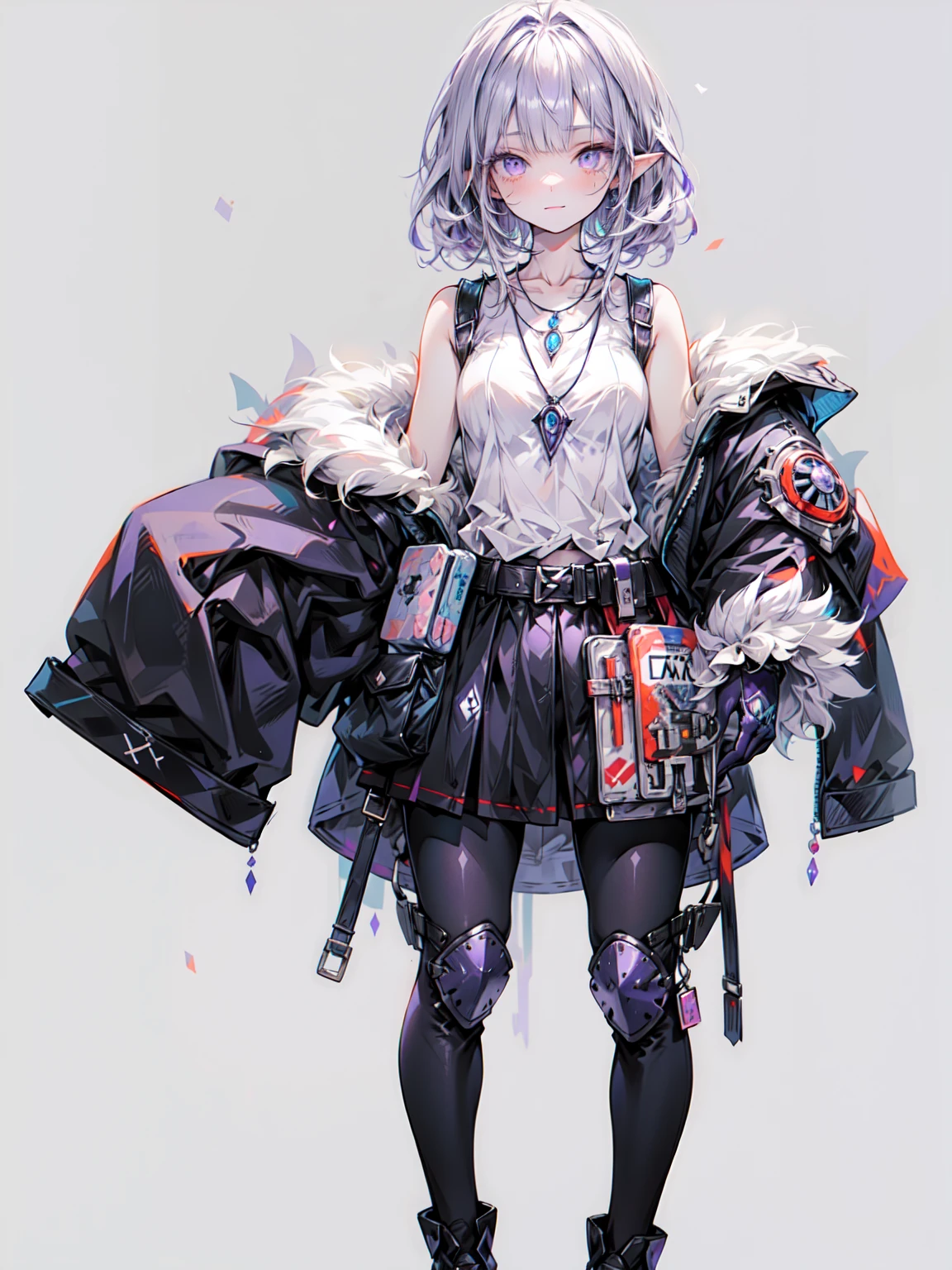 Cute adult girl standing ,Girl Focus, [full body armor], ((Plain gray background)),  poker face, still、(One Girl:1.3), bangs,necklace , （Snow White&#39;s Armor), Super detailed, Crystal purple eyes,thin, Technology of Wonders, Long Hair, Animetic, alone, Silk White Hair, high quality, Mastette Piece,Very detailed,[Wide Hips] , beautiful girl, [detailed aspects], See details of actual operation, Very detailed目,Expressionless emotions, Beautiful Eyes、Blake、（Dark Elf), (1 Girl), alone, Perfect Face, Get used to it, Ahoge, ((Long Hair:1.2)), [[Messy Hair]], 光沢のあるPurple Hair, Purple eyes, Variegated eyes, Purple Hair, Shining Eyes, (eyelash, eye shadow, purple eye shadow), bright, smile, Design Art：Haruhiko Mikimoto, by Kawashi, By Yoshitaka Amano