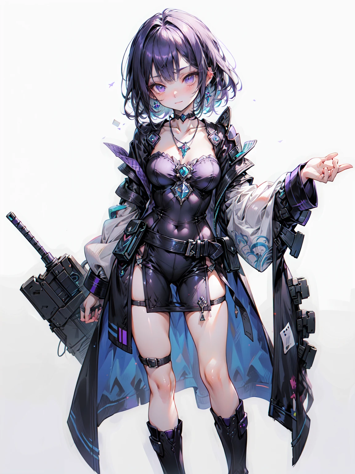 Cute adult girl standing ,Girl Focus, [full body armor], ((Plain gray background)),  poker face, still、(One Girl:1.3), bangs,necklace , （Snow White&#39;s Armor), Super detailed, Crystal purple eyes,thin, Technology of Wonders, Long Hair, Animetic, alone, Silk White Hair, high quality, Mastette Piece,Very detailed,[Wide Hips] , beautiful girl, [detailed aspects], See details of actual operation, Very detailed目,Expressionless emotions, Beautiful Eyes、Blake、（Dark Elf), (1 Girl), alone, Perfect Face, Get used to it, Ahoge, ((Long Hair:1.2)), [[Messy Hair]], 光沢のあるPurple Hair, Purple eyes, Variegated eyes, Purple Hair, Shining Eyes, (eyelash, eye shadow, purple eye shadow), bright, smile, Design Art：Haruhiko Mikimoto, by Kawashi, By Yoshitaka Amano