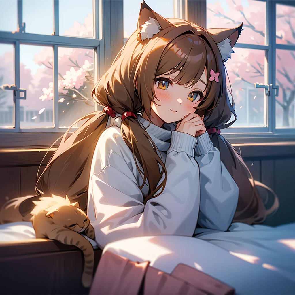 1girl, , long hair, low twintails, fuzzy twintails, Light brown hair, cat ears, animal ear fluff, cat eyes, bedroom, window, cherry blossoms, winter, snow , morning, portrait, upper body