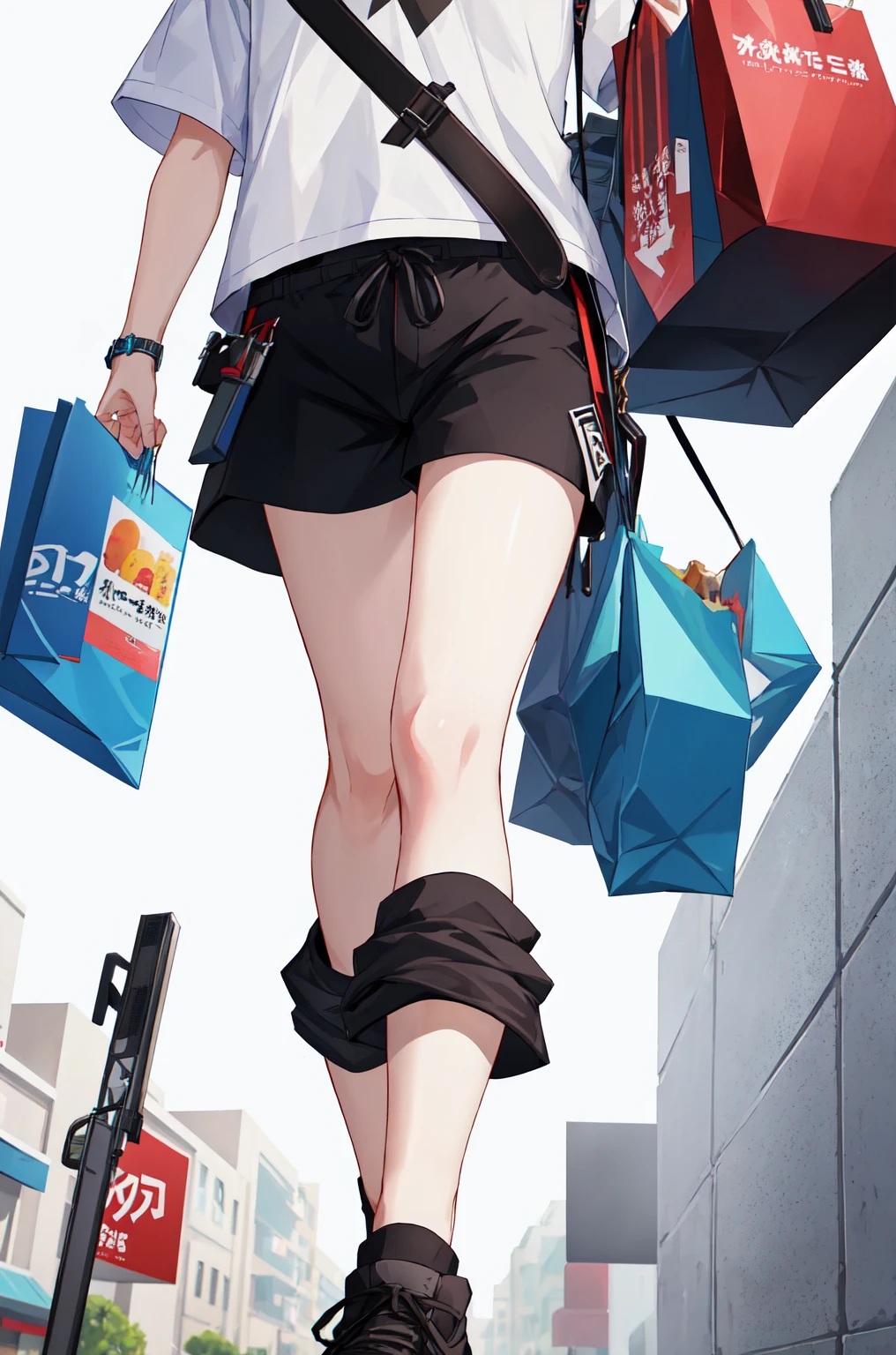 8K,high resolution,absurd,masterpiece,best quality
(hutaodef:1.2),Black shorts,Regular Clothes,white background,Hair Bunch,(surtr_arknights:1.10),walk,shopping,shorts,Short sleeve,happy