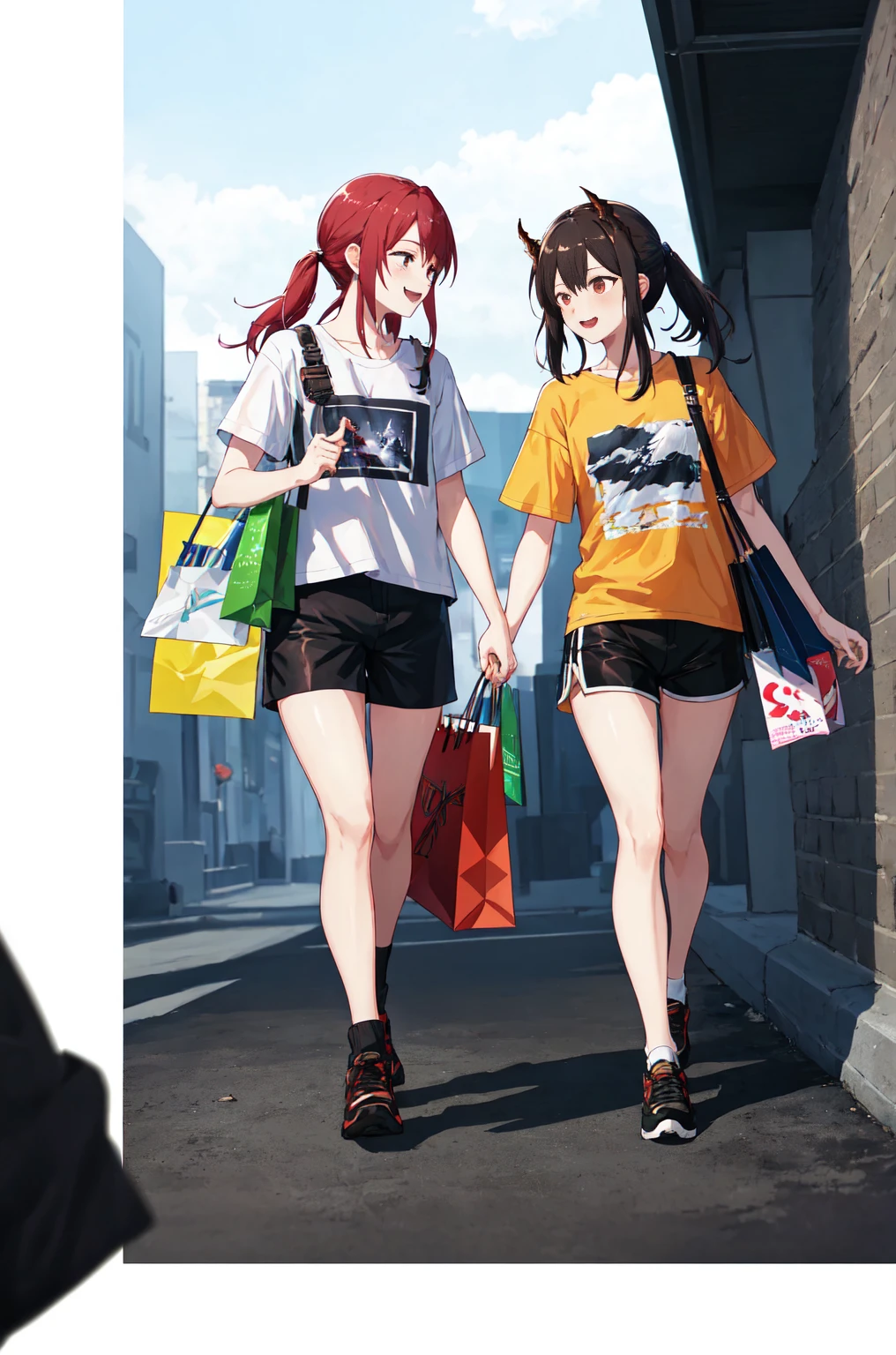 8K,high resolution,absurd,masterpiece,best quality
(hutaodef:1.2),Black shorts,Regular Clothes，white background，Hair Bunch，(surtr_arknights:1.10)，walk，shopping，shorts，Short sleeve，happy