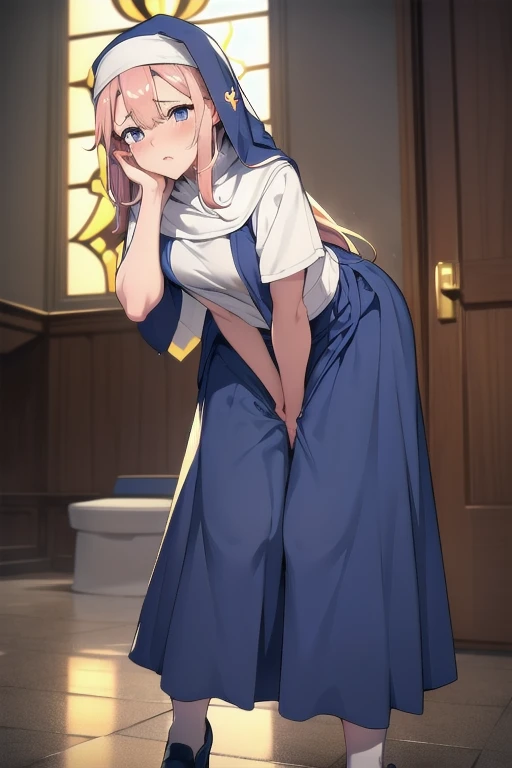 nsfw, (masterpiece, top quality, best quality, highly detailed:1.6), extremely detailed CG unity 8k wallpaper, strong facial expression,(sharp eye:1.2), (scowl:1.1), (embarrassed,blush:1.3), (steam:1.1), (wet:1.1), (sweat:1.1), (trembling:1.3), (parted lips:1.4), (harf open eyes:1.4), (feeling weak:1.5), (1 girl standing on the church, Blue nun, long skirt:1.5), (shoot from front, looking at viewer:1.1), (leaning forward, hand between legs:2), (((clutching crotch))), colorful, full body, wide shot, perfect composition, (girl trembling with sexual climax), urination, incontinence, piss, peeing self, A lot of pee, having an accident, pee running down legs, Crossing legs, (((pee stream))), (pee puddle), wetting herself, pee stain, peeing, blush, trembling, embarrassed, (long hair), Yellow pee, Rubbing knees, ((leaking pee)), (Touching the crotch:1.6), Shaking one's shoulders, Breaking a sweat on forehead,(Rubbing the crotch with your hands:1.5), puddle of pee, Pee at your feet, Pee spread on the floor, Pee stains, Dripping pee between my legs, Feet wet from pee, Pee-covered feet, Pee at your feet, want to pee, about to pee, Full bladder, Pee-soaked Shoes, Pee-soaked thigh-high socks, The limit of holding in pee, A big pee, Pleasant pee, a big puddle of urine at my feet, can't stand it and urinate, can't stand peeing, Non-stop peeing, Unstoppable peeing, A dress wet with pee, can't make it to the toilet in time and I pee, A pleasant feeling of urination after holding it in to the limit,