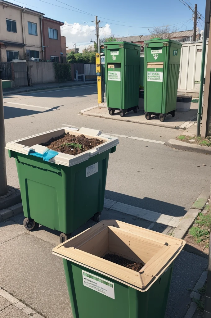 Selective Collection of Compostables: An urban scene with green selective collection boxes for organic waste next to containers for common trash, highlighting the separation of waste from the source to facilitate composting.