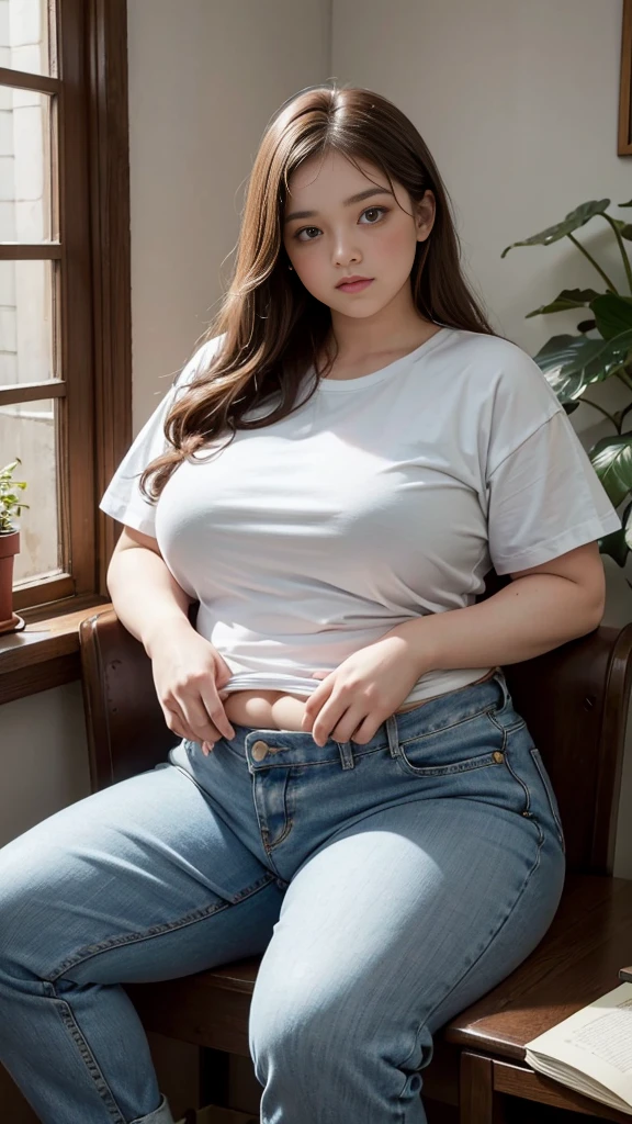 Femme très grosse, assise dans des coussins, Makima, bbwchan, cheveux rouges et yeux jaunes, double menton. Son gros bide sort de son pantalon, elle le carresse avec ses mains. Button pop. Ventre en boule sous le jean. Elle porte un short en jean trop petit et un haut en dentelle, belle lumière sur elle, magnifique femme obese
