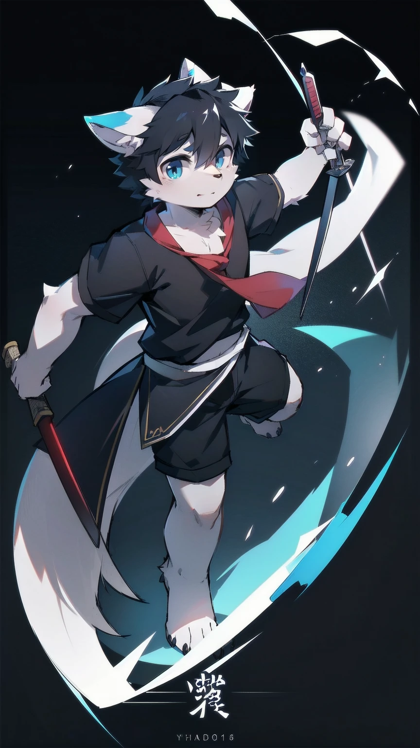 White Wolf,black hair,Sky blue eyes,hairy,Wolf ears,Wolf tail,Full body portrait,The character is in the center of the frame,Handsome,Confident eyes,male,juvenile,Black and white combat uniform,Red neck bib,Black shorts,Short sleeve,hairy arms and legs,Dark background,Dark battlefield,dawn,sunrise,dawn,illumination,shadow,Swordsman,Scabbard and sword,Hold the hilt of a sword in your hand,The scabbard is at the waist,Highest quality