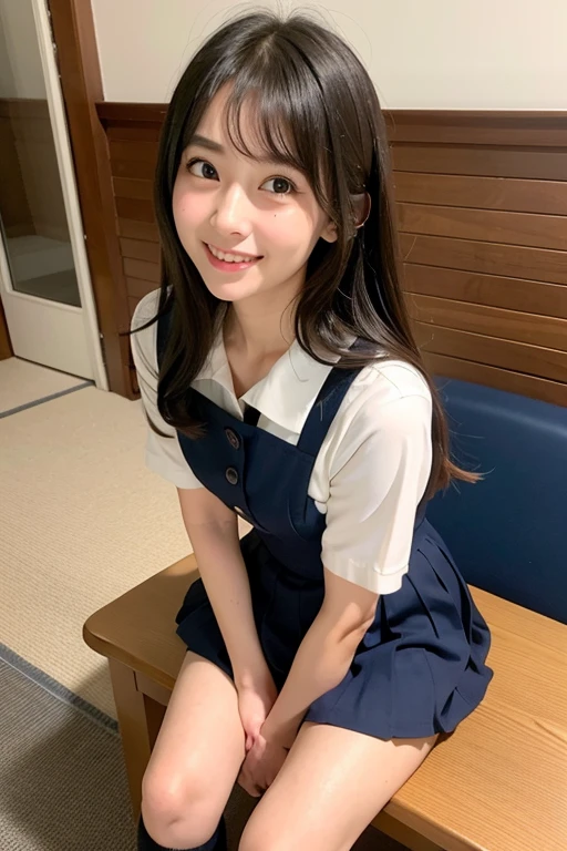 ((Highest quality)), ((masterpiece)), (detailed), High resolution、32k、Live Action、Genuine、Actual product、Genuine、Genuine、Professional Lighting、Spotlight on faceを当てるを当てる、The best beautiful girl、とにかくcute、Face similar to Haruka Fukuhara、日本一cute女子高生、Smooth semi-long hair、Shiny black hair、Small face、Fair skin、Big eyes、double eyelid、Long eyelashes、Tear bags、Glowing black eyes、Blushed、skinny、Thin neck、Thin arms、Narrow shoulders、uniform、Short-sleeved sailor uniform、White Sailor Suit、Navy blue pleated mini skirt、White socks、Black loafer shoes、Translucent white skin、Small Bust、Small Bust, cup、smile、cuteおしり、Beautiful feet、night classroom、dim、shy、cute、Similar to Haruka Fukuhara、Spotlight on faceを当てる、Well-formed face、Watery eye、thin、cute、beauty、Adorable、、Soft Skin、Spotlight on face、Small breasts、I want to hug you、、half 、Very beautiful girl、Ponytail suits you well、Slim and beautiful legs、White socks、