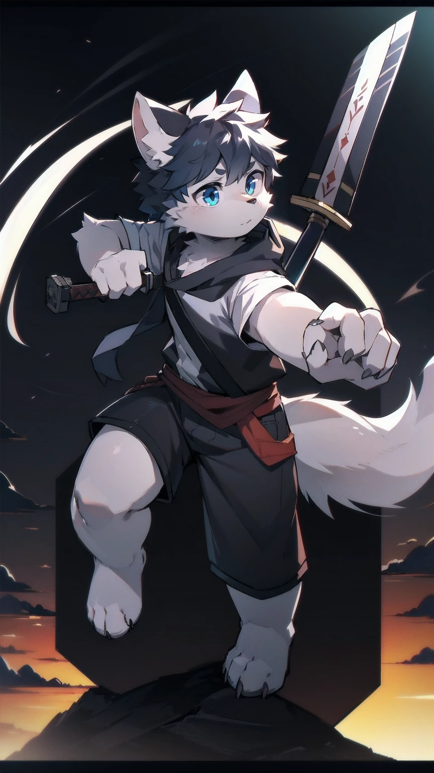 White Wolf,black hair,Sky blue eyes,hairy,Wolf ears,Wolf tail,Full body portrait,The character is in the center of the frame,Handsome,Confident eyes,male,juvenile,Black and white combat uniform,Red neck bib,Black shorts,Short sleeve,hairy arms and legs,Dark background,Dark battlefield,dawn,sunrise,dawn,illumination,shadow,Swordsman,Scabbard and sword,Hold the hilt of a sword in your hand,The scabbard is at the waist,Highest quality