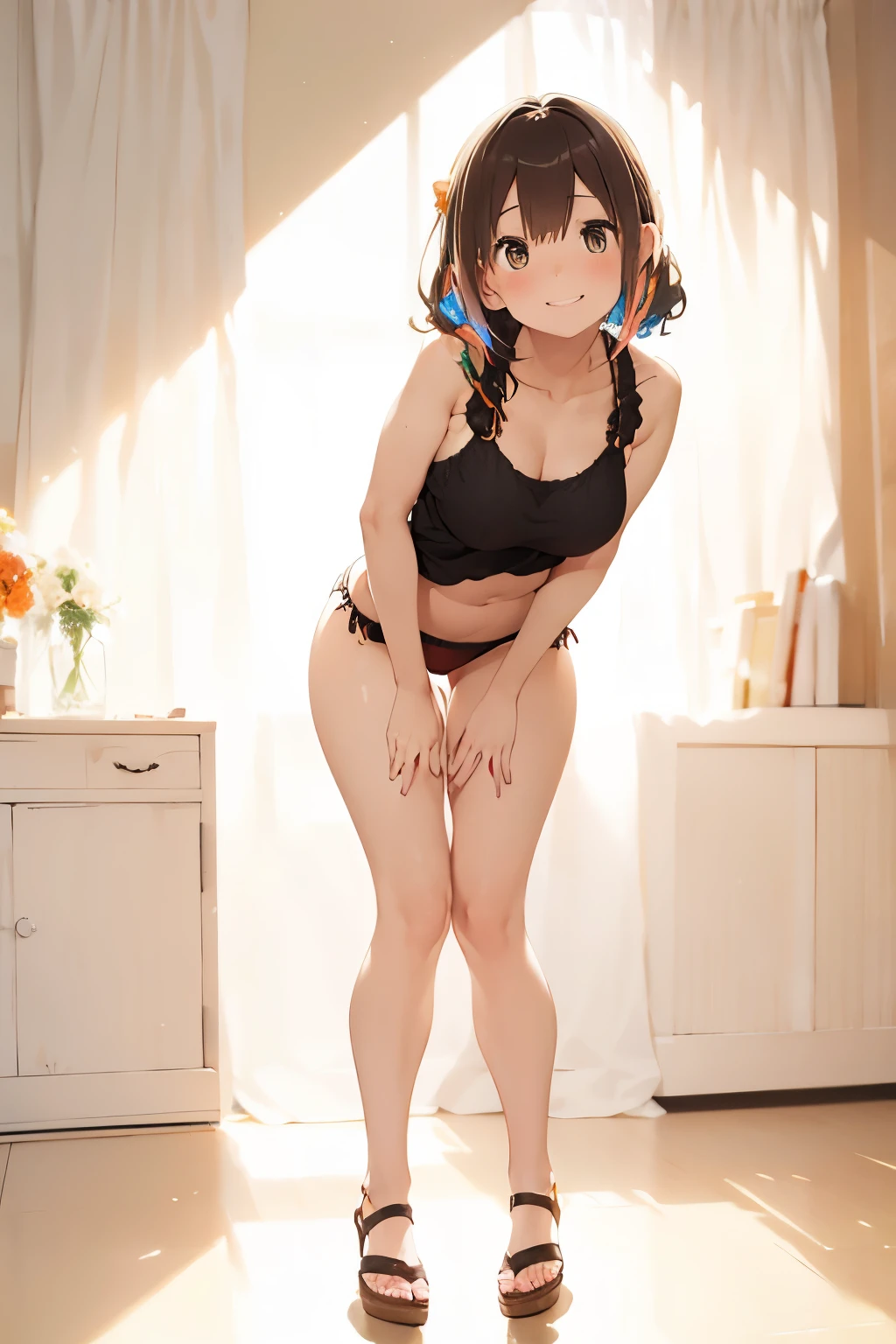 (Big breasts, 18 years old, Very small head), (Perfect body : 1.1), (short wavy hair:1.2, dark brown hair, half updo), ((Full body shot)), (orange underwear thong), (extremely delicate and beautiful), (masterpiece), (Best Quality:1.0), (超A high resolution:1.0), (realistic), Detailed skin, Ultra-detailed, Slim body, (Beautiful hair, Real Hair, detailed hairs), Fine Collarbone, blush, Photorealistic, Realistic face, Realistic eyes, Small eyes, Happy smile, (((Colorful))),