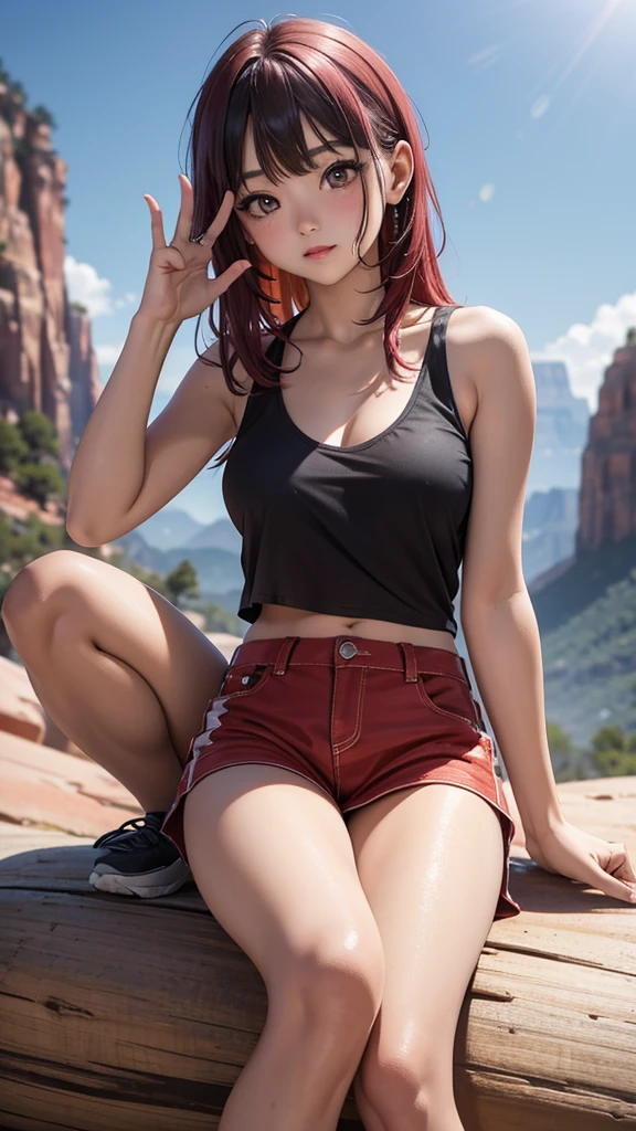 16 year old beautiful girl、Portrait Photography , peace sign, Zion National Park hiking trails, Bright red lips, (masterpiece) (Highest quality) (detailed) (8K) (High resolution) (Cinema Lighting) (Sharp focus)、Rainbow Hair、(Inner Color: Random), ((blush: 0.8)), Natural skin texture, Transparent skin、Influencer, rolled up、Big Breasts、Sheer Croc Top Tank Top, Bikini Tops、A step back angle、A scene from a movie、