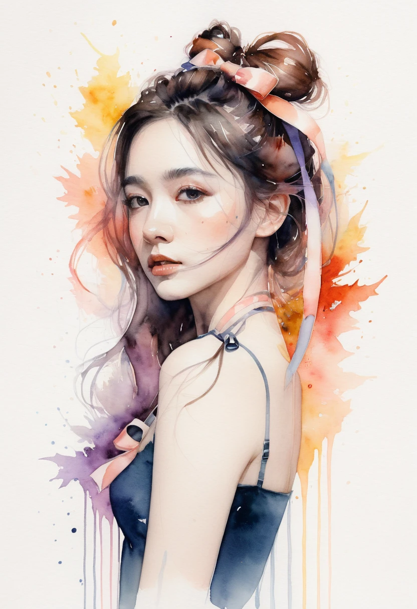 (8k, best quality, masterpiece:1.2),(best quality:1.0), (ultra highres:1.0), watercolor, a beautiful woman, shoulder, hair ribbons, by agnes cecile, half body portrait, extremely luminous bright design, pastel colors, (ink:1.3), autumn lights,
