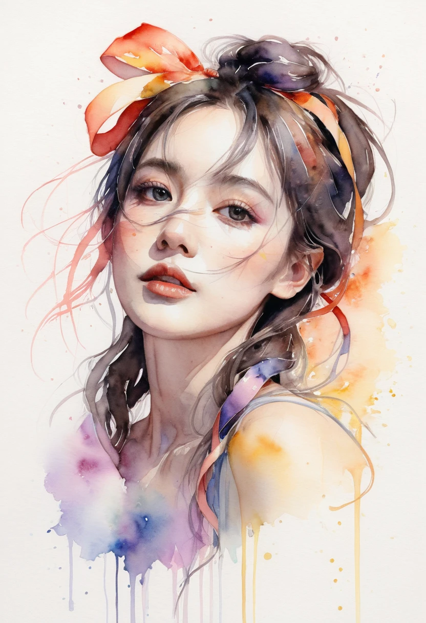 (8k, best quality, masterpiece:1.2),(best quality:1.0), (ultra highres:1.0), watercolor, a beautiful woman, shoulder, hair ribbons, by agnes cecile, half body portrait, extremely luminous bright design, pastel colors, (ink:1.3), autumn lights,