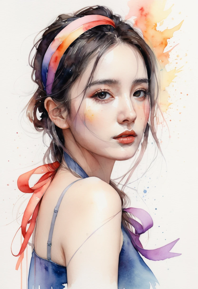 (8k, best quality, masterpiece:1.2),(best quality:1.0), (ultra highres:1.0), watercolor, a beautiful woman, shoulder, hair ribbons, by agnes cecile, half body portrait, extremely luminous bright design, pastel colors, (ink:1.3), autumn lights,