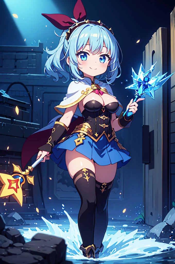 Fantasy,((Masterpiece)),((high resolution)),((Best Quality)),Anime illustration,((1girl)),(wavy hair),(short hair),(pale blue hair color),small ponytail,headband,Indigo eyes,(Big round eyes),((tareme)),(()),12 yeby face)),((verasts)),Short stature,Young,(loli),,ice wizard,sleevele white blouse,Blue mini skirt,slit,Brown corset,brown capelet,smile,,Brown long boots,wizard's wand with blue gem,