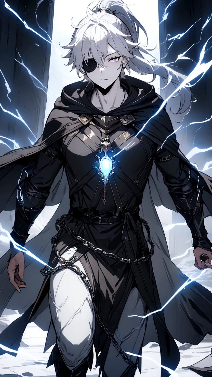 Anime character. A man, he was medieval. 27 years old, large body, cold gaze, cold expression, white skin, short and messy gray hair, ponytail, left eye patch, black clothes, black shirt, dark cape with hood, several chains. frontal camera. Walking under the red moonlight. White electricity emanating from his body, black electricity emanating from his left hand. Iris of the right eye glowing white. Thunderous white lightning. (best quality, 4k, 8k, high resolution, masterpiece: 1.2)