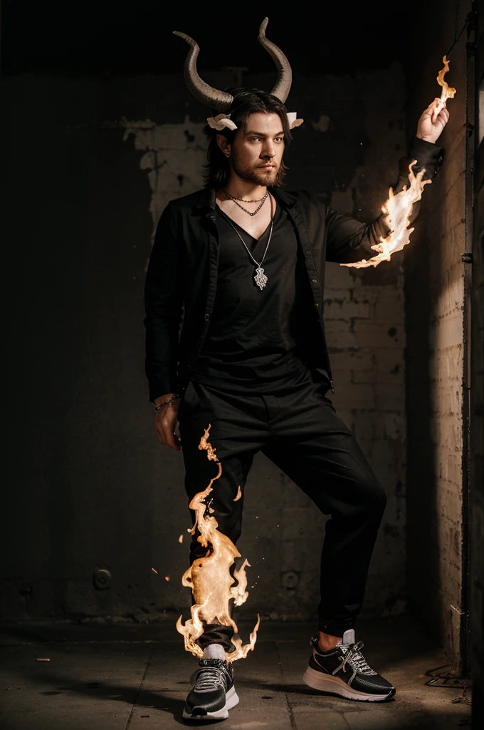 black clothes, hands with white flames, head with horns, gray shoes, black trousers with a necklace